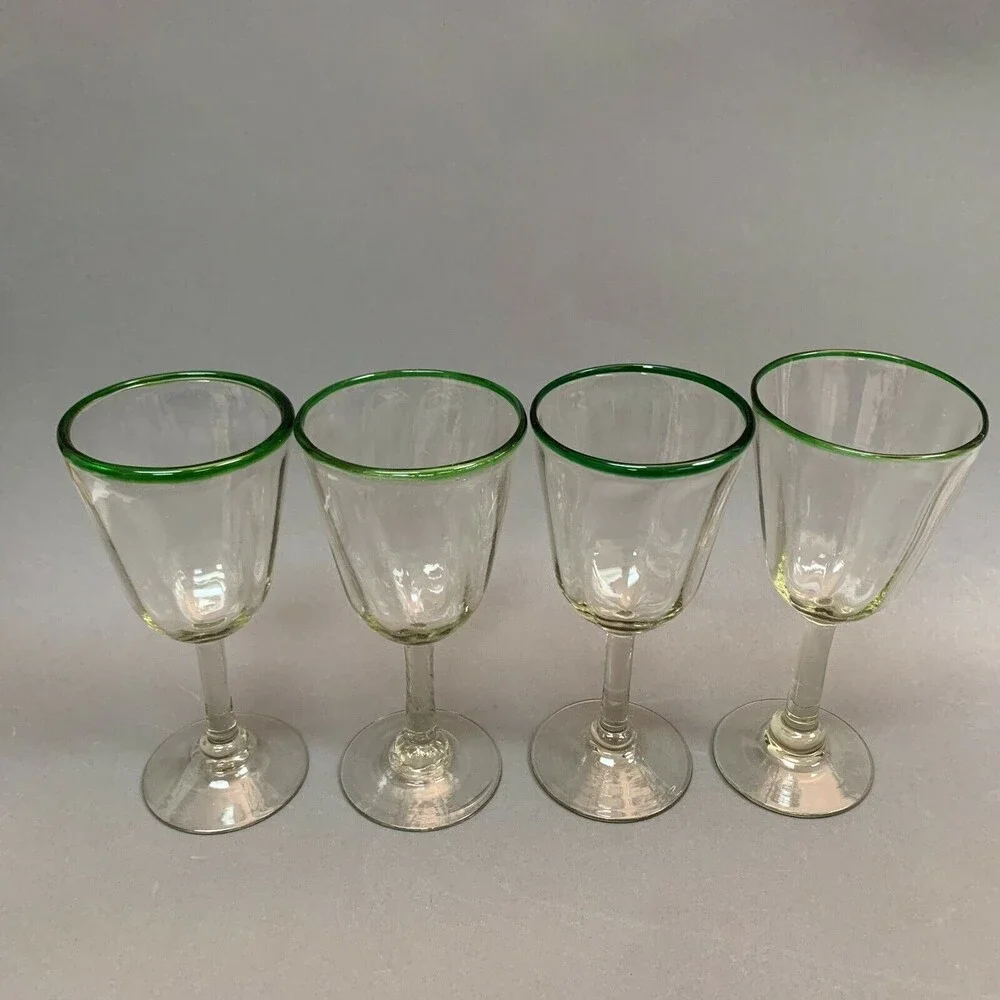 Clear Glass Green Trim Blown‎ Glasses Mexico? Lot of 4